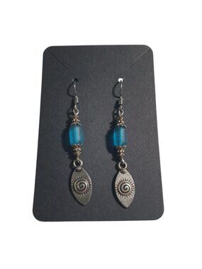 Blue Bead Silver Tone Dangling Earrings Bohemian Spiral Sun Charm Hook Back Gift